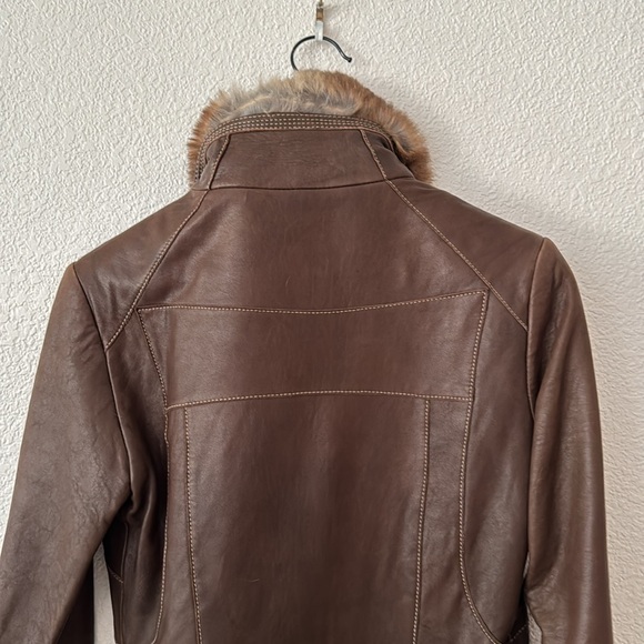 XS Marc New York Genuine Leather Brown Zip up Bomber Jacket removable fur collar - Picture 11 of 13